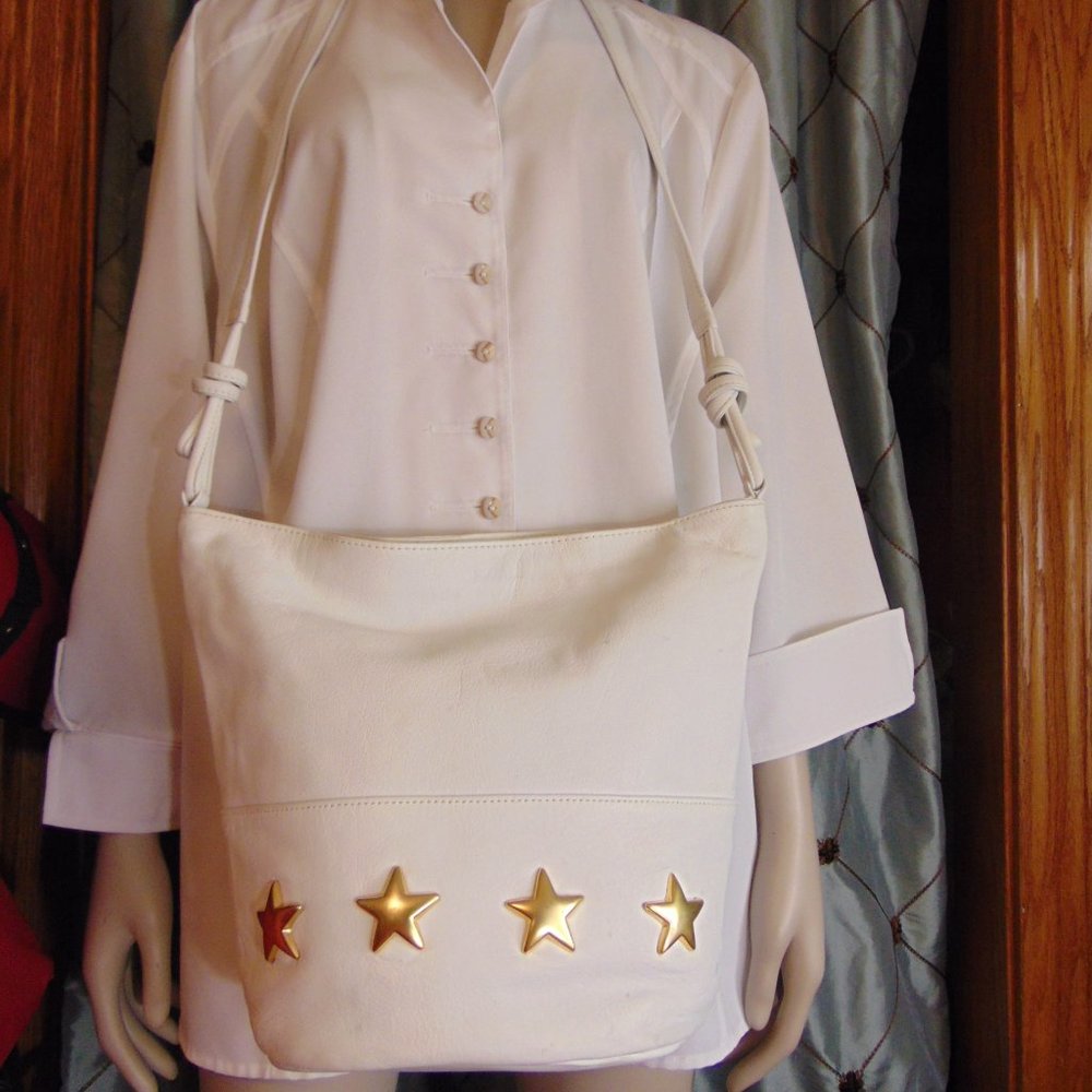 I. Magnin Design Studio White Leather w/Gold Stars Crossbody Bag